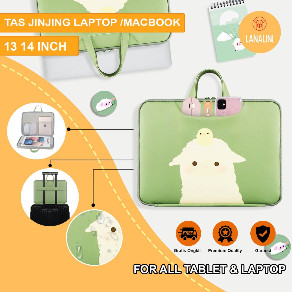 Sleeve Pouch Sarung Tas Bag Case Ipad Tab Tablet Macbook Air Pro Laptop Asus Acer Lenovo HP Huawei 11 12 13 14 15 inch Motif Gambar Domba Sheep Warna Hijau Lucu Cute Murah Korean Model Jinjing Tali Strap