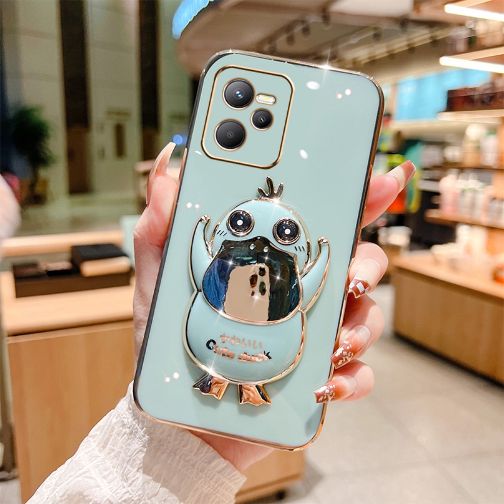 Cute Psyduck Case for Realme C35 C21Y C25Y Realme 8i C11 2021 C15 C12 C25 C25s C20 RealmeC2 5 Pro 6i 7i Narzo 30A Cases Plating Duck Folding Stand Holder Rubber Soft Phone Cover