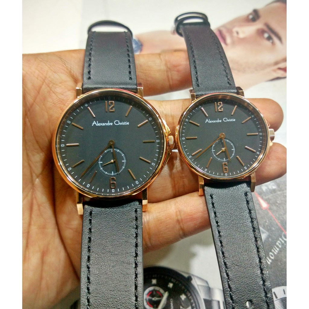 Jam Tangan Couple Alexandre Christie Ac 8458 ROSEGOLD Black Leather ORIGINAL