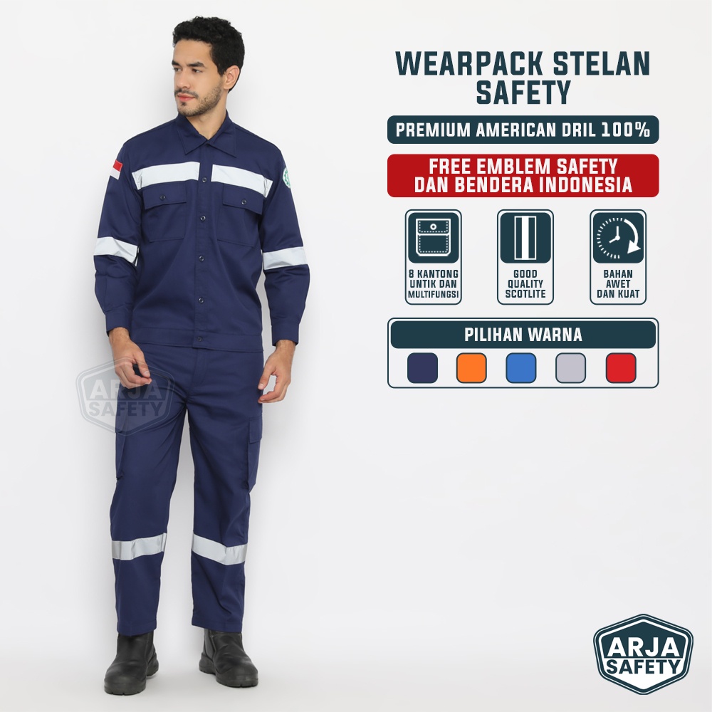 ARJA SAFETY [ FREE LOGO SAFETY &amp; BENDERA ] Wearpack Setelan | Wearpack Stelan | Baju Celana | Wearpack Safety Setelan | Wearpack Kerja Safety | Werpak Drill | Baju Proyek Safety