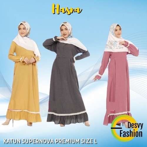 Gamis Polos Katun Kombinasi Renda Model Terbaru HASNA - Baju Muslim Wanita Remaja