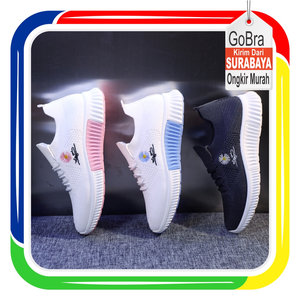 Gobra ♕ SEP008 (Tanpa Kotak) Sepatu Sneakers Wanita Putih Hitam Motif Bunga Sporty Model Korea Fashion Casual Sport Olahraga Import