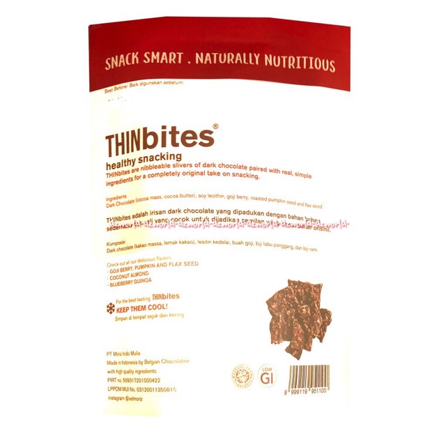 Thinbites Healty 130gr Snacking Dark Chocolate Snack Sehat Rasa Cokelat Thin Bite