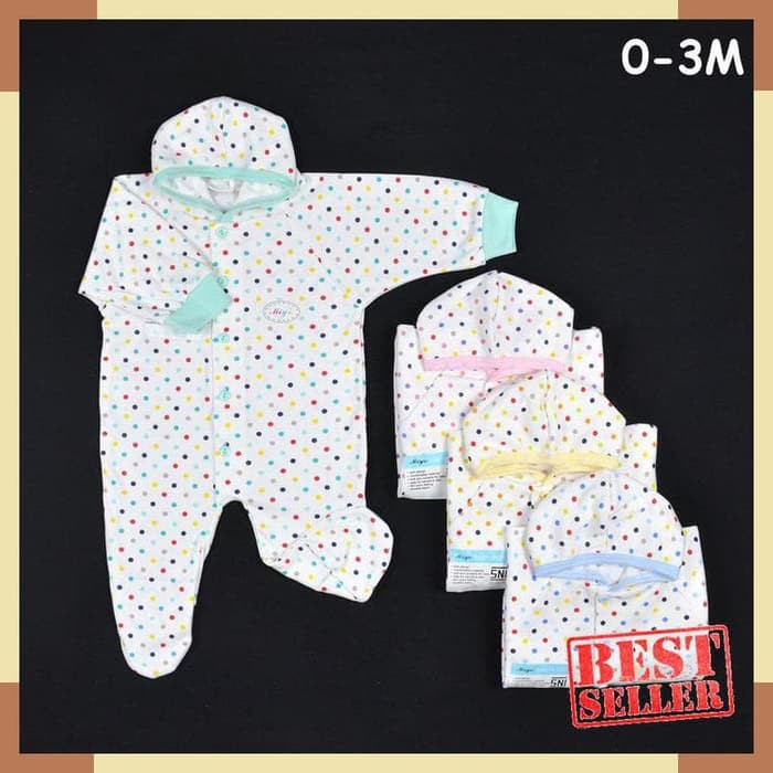 MIYO Baju Kodok Panjang Topi Bayi/Baby Polkadot Newborn 0-3M| Baju Bayi /Perlengkapan Bayi