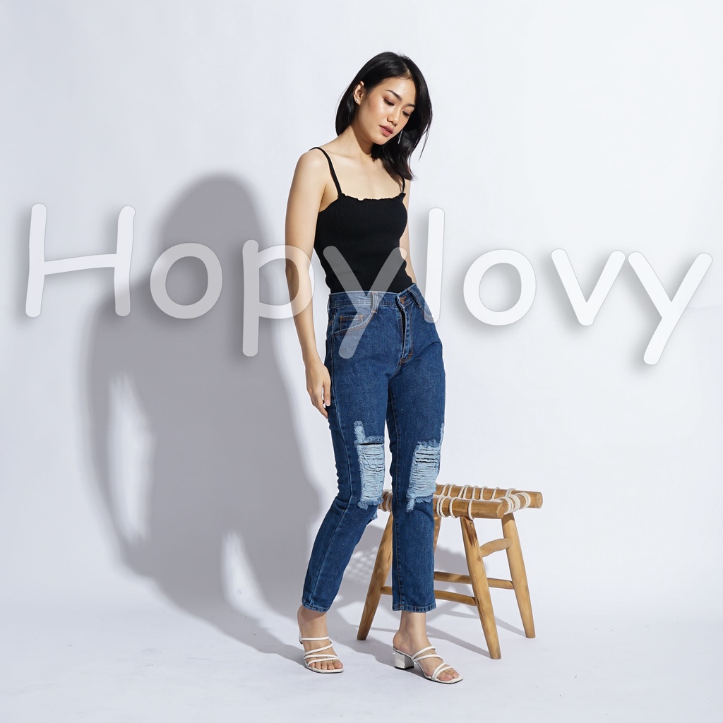 HOPYLOVY Celana Boyfriend Jeans Wanita Sobek Ripped Furing Gianna