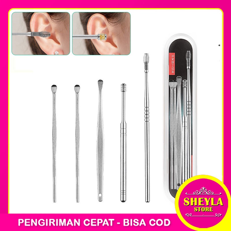 Korek Kuping Stainless Steel Set 5 in 1 / Alat Pembersih Kotoran Telinga / Pembersih Kuping Ear Wax Besi / TS-94