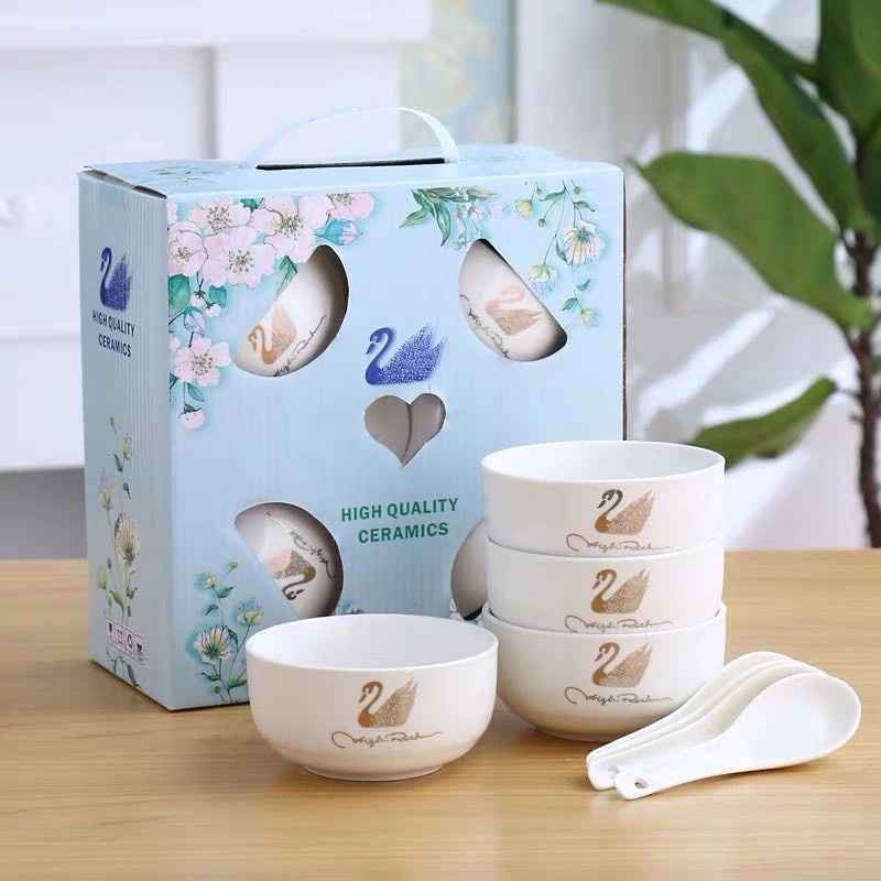 Mangkok Keramik motif Angsa Swan 1 set 4 pcs mangkok dan 4 Sendok keramik cocok untuk Hadiah