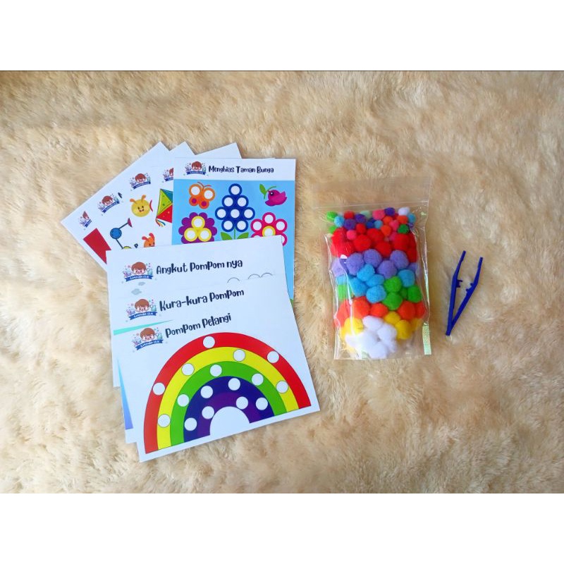 Paket Worksheet Pompom Bola Bulu Warna Tweezer Motorik Sensory Montessori Mainan Edukasi Balita