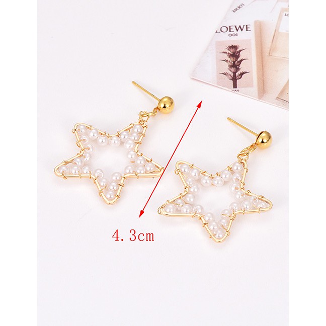LRC Anting Tusuk Fashion Gold Alloy Five-pointed Star Pearl Stud Earrings F50971