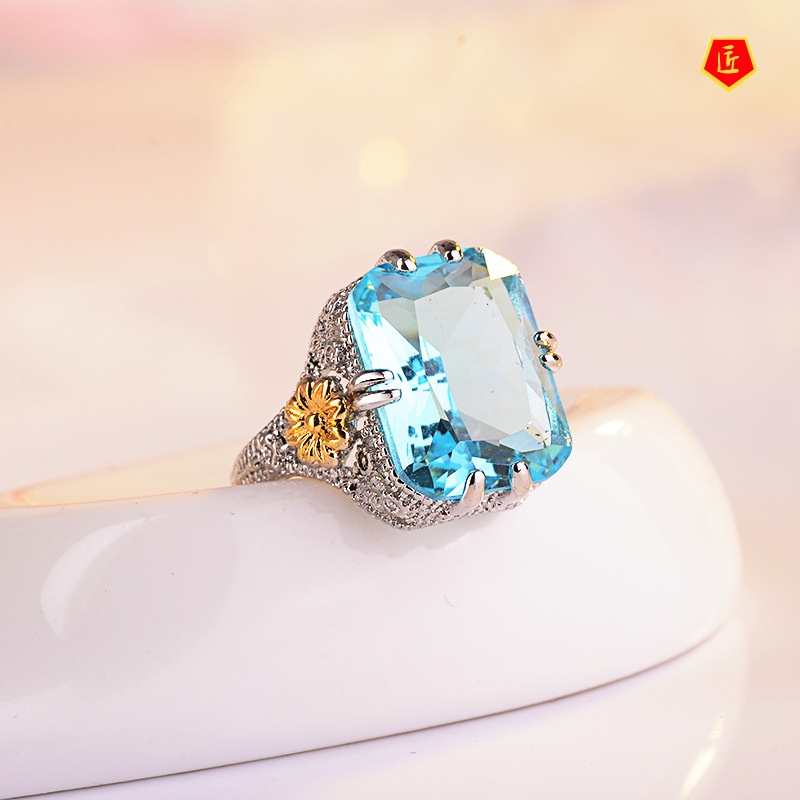 [Ready Stock]Elegant Blue Rhinestone Ring Women's Gold Color Separation Flower Ornament