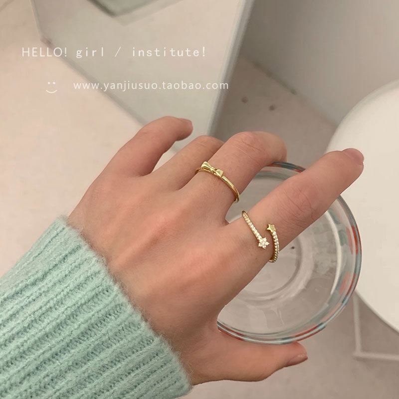 Gaya Keren mikro bertatahkan bow cincin Wanita's ins fashion pribadi pembukaan adjustable jari cinci