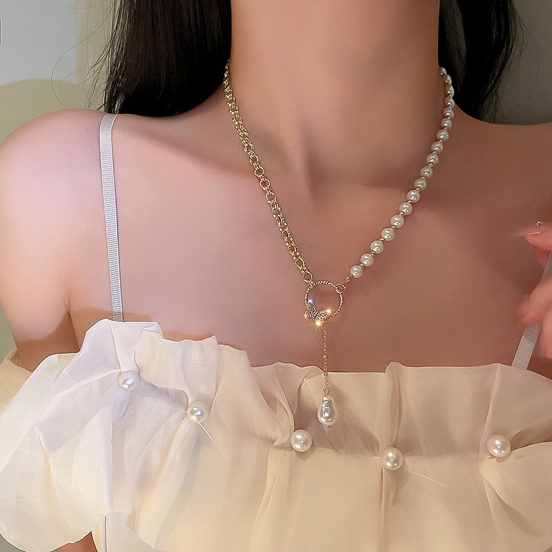 Kalung Rantai Dengan Liontin Butterfly Ring Lock Harta Karun Labu Aksen Mutiara Bahan Alloy Untuk Wanita