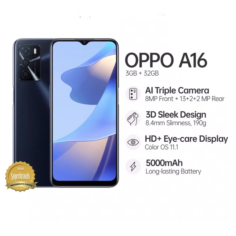 Oppo A16 [3GB+32GB] Helio G35 - 13MP Triple Camera - 6.52&quot; IPS LCD - 5000mAh Garansi Oppo 1 Tahun