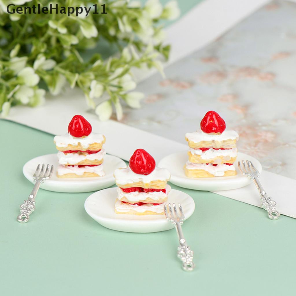 Gentlehappy 1 Set Mainan Miniatur Piring Kue Strawberry + Garpu Skala 1: 12 Untuk Dekorasi Dapur Rumah Boneka