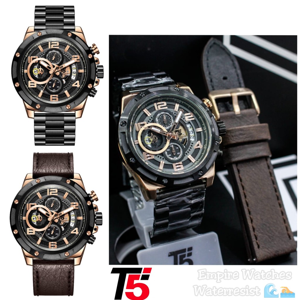 Jam Tangan T5 H3706 3706 H3706G Pria Cowok Analog Chrono dan Tanggal Aktif Rantai Stainless Original