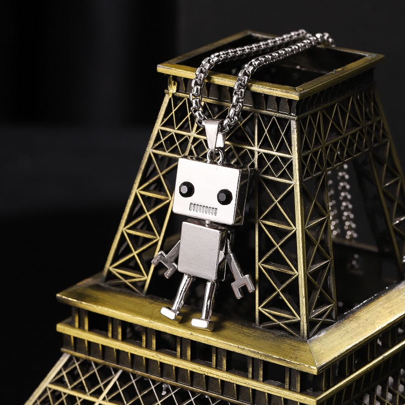 Kalung Rantai Liontin Robot Kubus Bahan Stainless Steel Gaya Hip-hop Untuk Pria Dan Wanita