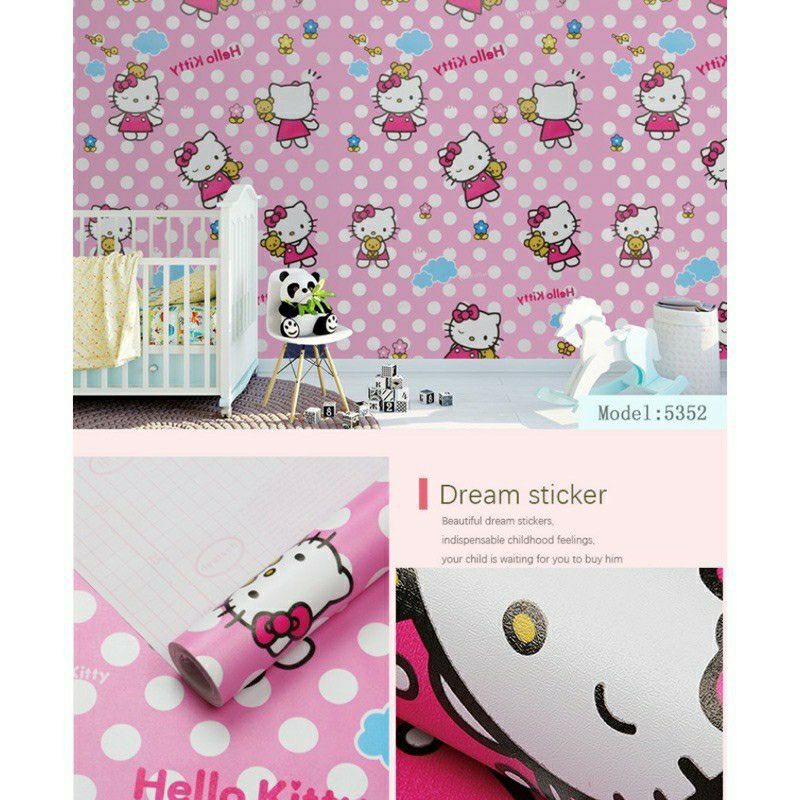 Wallpaper Sticker Dinding Motif Hello Kitty Polkadot Panjang 10M x Lebar 45cm