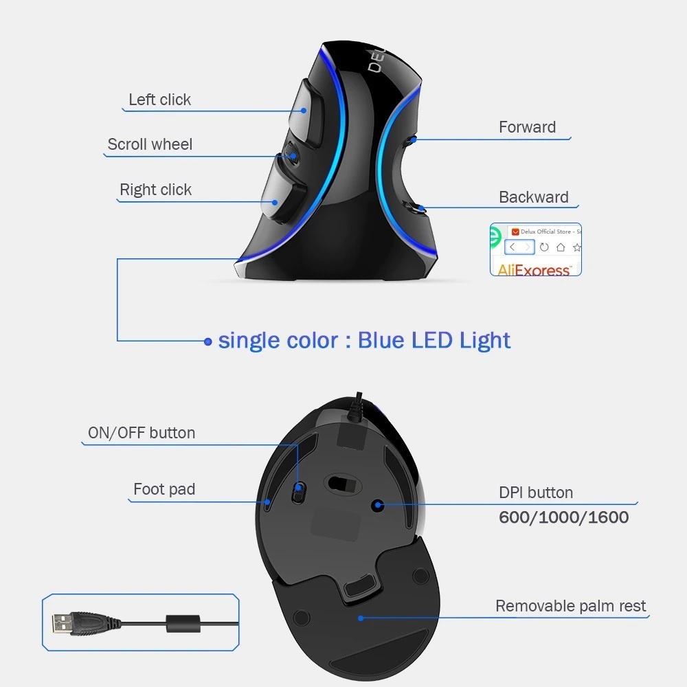 DELUX M618 PLUS - Wired Optical Vertical Mouse - Single Colour Version