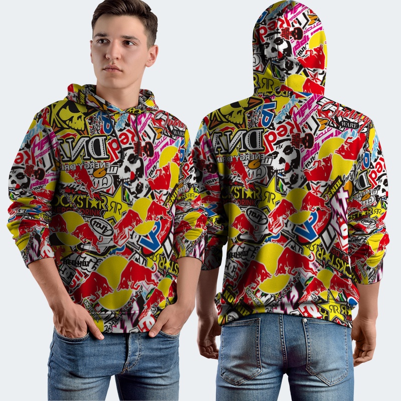 Jaket Hoodie Fullprint Rockstar Energy Stickerbomb Bahan Polyester Jersey