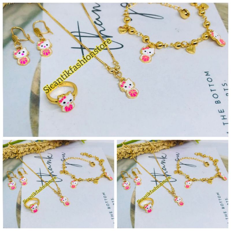 Perhiasan Titanium Anak anak Satu paket Hello Kitty  Anting Kalung Cincin Gelang Terlaris Anti Karat