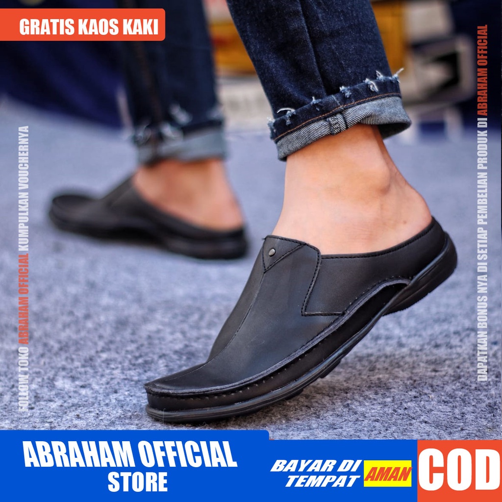 ABRAHAM Sandal Slide Hitam Selop Kulit Pria Sendal Pria