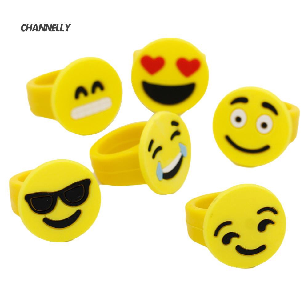 Cy 10pcs Cincin Plastik Pvc Lembut Motif Emoji Ekspresi Kartun