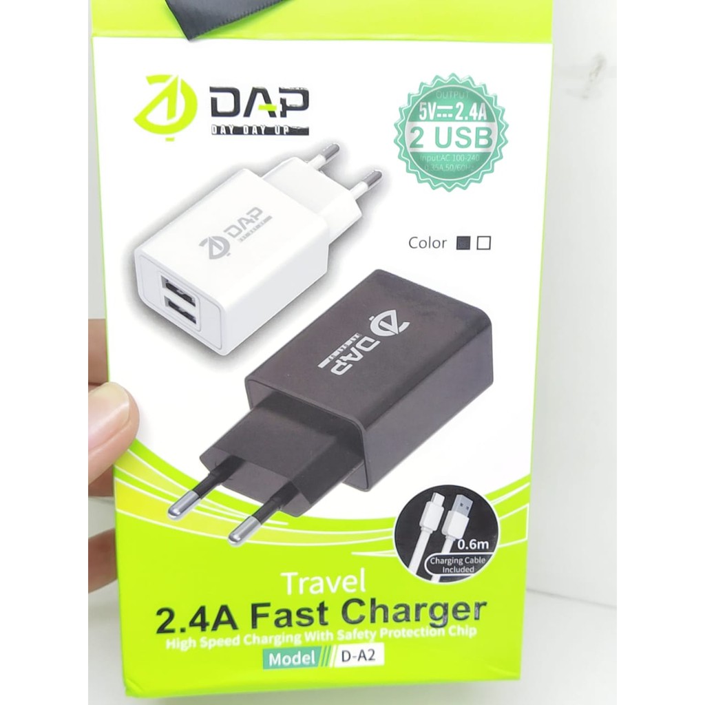 DAP D-A2 Travel Fast Charger 2 Port 2.4A 5V Include Data Cable Micro USB 60cm