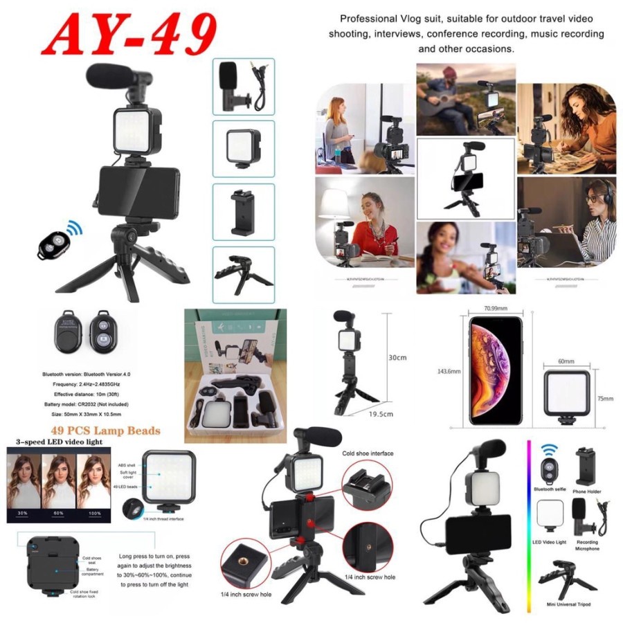 TRIPOD AY-49 VIDEO MAKING KIT MIKROFON + LAMPU LED VLOGGING AY49 PHONE HOLDER