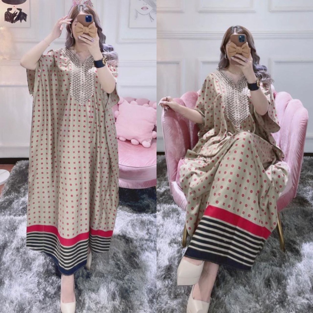 Kaftan Wanita Arabian Polkadot Renda Rayon Viscose Premium Maxy Dress Lengan Pendek Fashion Wanita Kekinian LD 130 cm