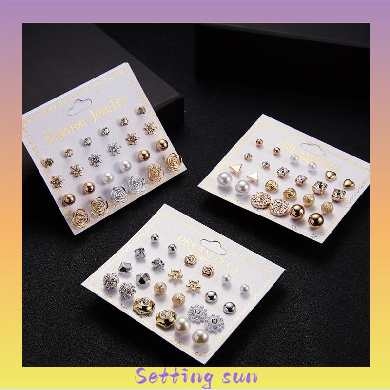 12 Pasang Anting Tindik Berlian dan Mutiara Wanita Korea Bulat TN