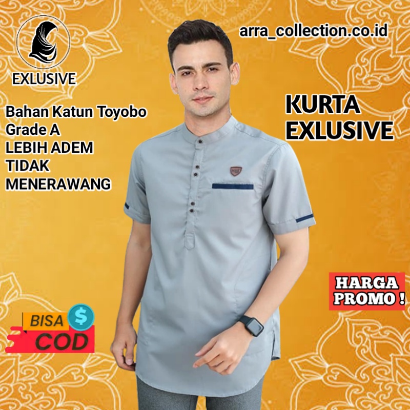 Baju koko pria lengan pendek muslim cowok rabbani bordir polos terbaru premium bahan toyobo WARNA ab