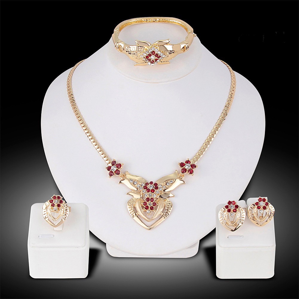 OW@ Rhinestone Heart Flower Necklace Stud Earrings Ring Bracelet Women Jewelry Set