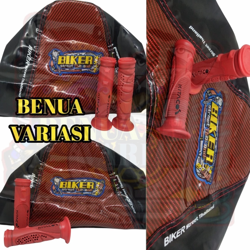 (PROMO PAKETAN) PAKETAN SARUNG JOK GLOSY KOMBINASI BARU+ HANDGRIP BINTIK MERAH UNIVERSAL UNTUK SEMUA