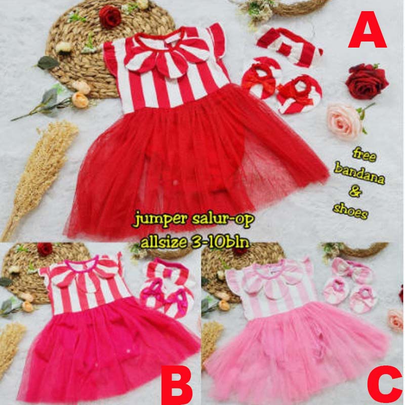 Baju Bayi Perempuan Jumper Dress Set Bandana Sepatu Kain Salur
