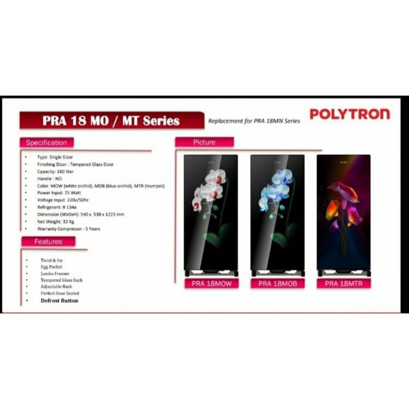 KULKAS POLYTRON 1 PINTU MODEL TERBARU PRA18MO/MT