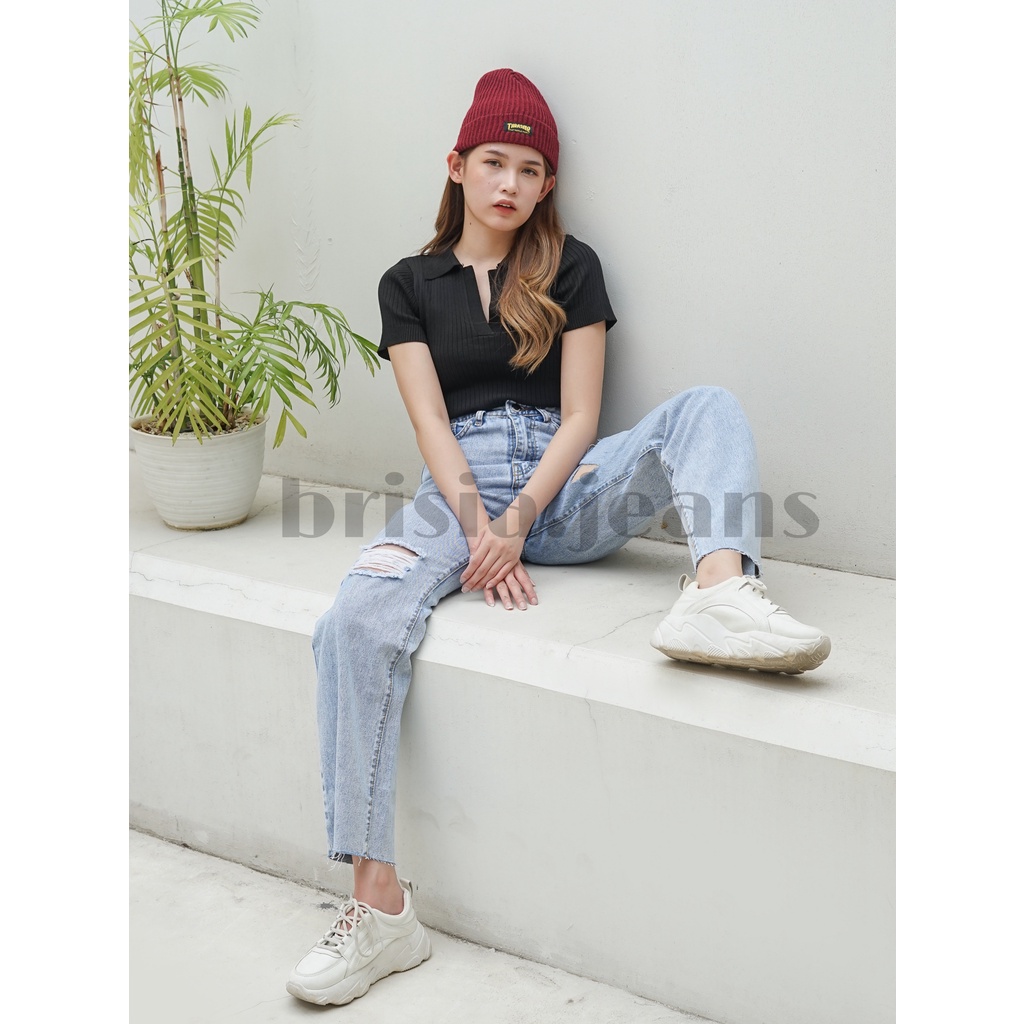 [SIZE 27-33] DAMI Ripped Boyfriend Jeans  - Snow Blue Whisker / Bigsize Boyfriend Jeans