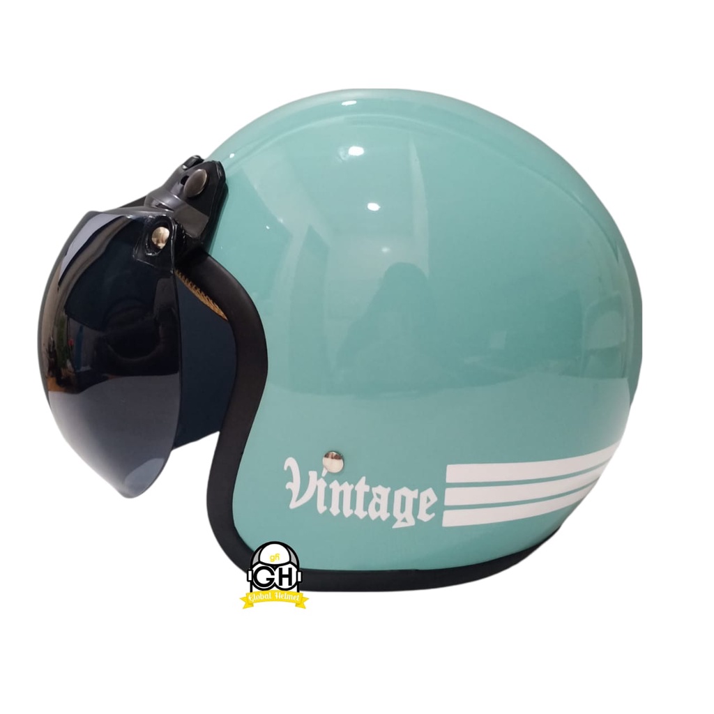 HELM BOGO CLASSIC BLACK AQUAMARINE GARIS RETRO MOTOR DEWASA SNI FREE KACA CEMBUNG