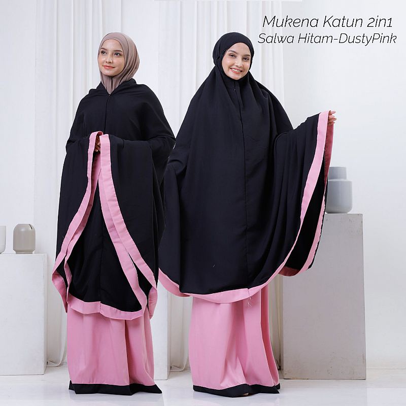 Mukena 2in1 Dewasa Katun Mikro Salwa Hitam Dusty Pink Polos Tas Travel Traveling Bolak Balik 2 Warna