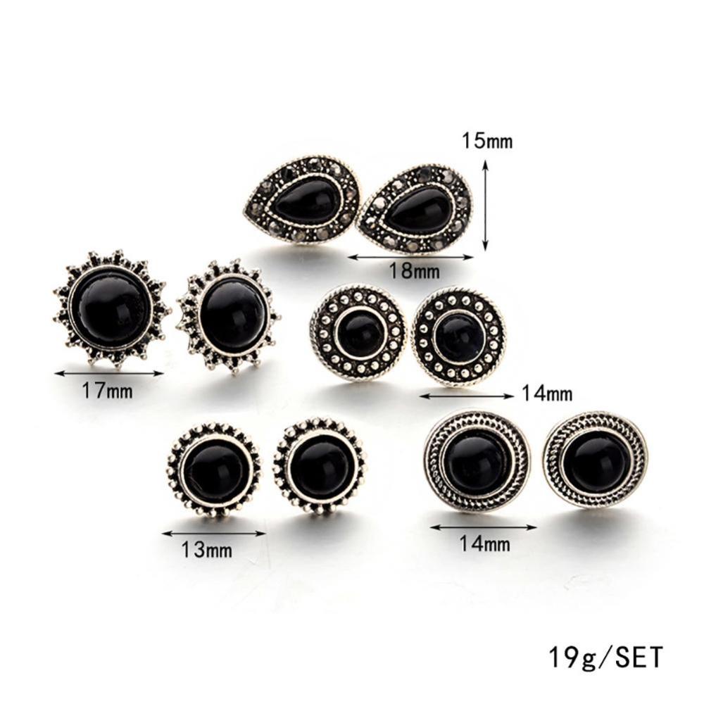 Timekey 5 Pasang / set Anting Tusuk Vintage Bentuk Bunga / Tetesan Air Hias Kristal Hitam Untuk Wanita A9K1