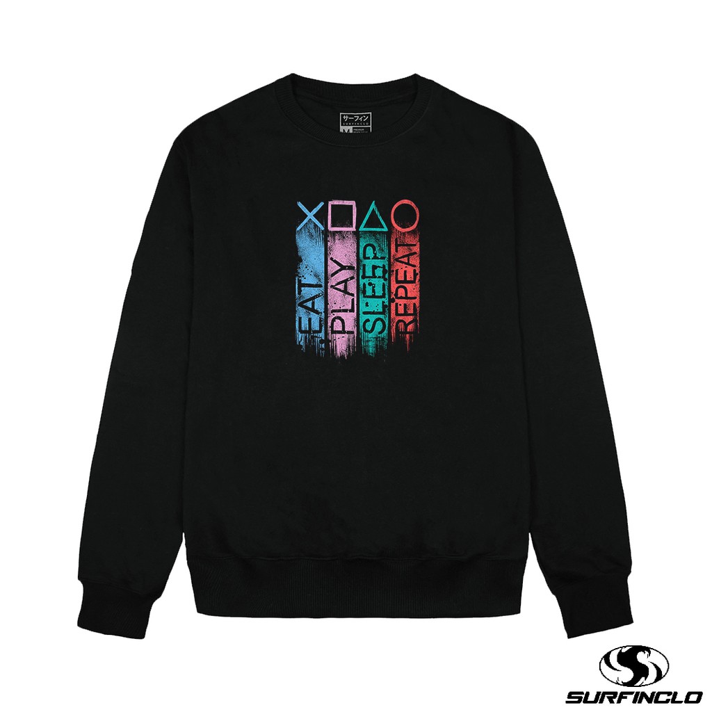 Surfinclo Crewneck Sweatshirt Sweater Black Eat Play Sleep Repeat Bahan Katun Fleece S M L XL XXL