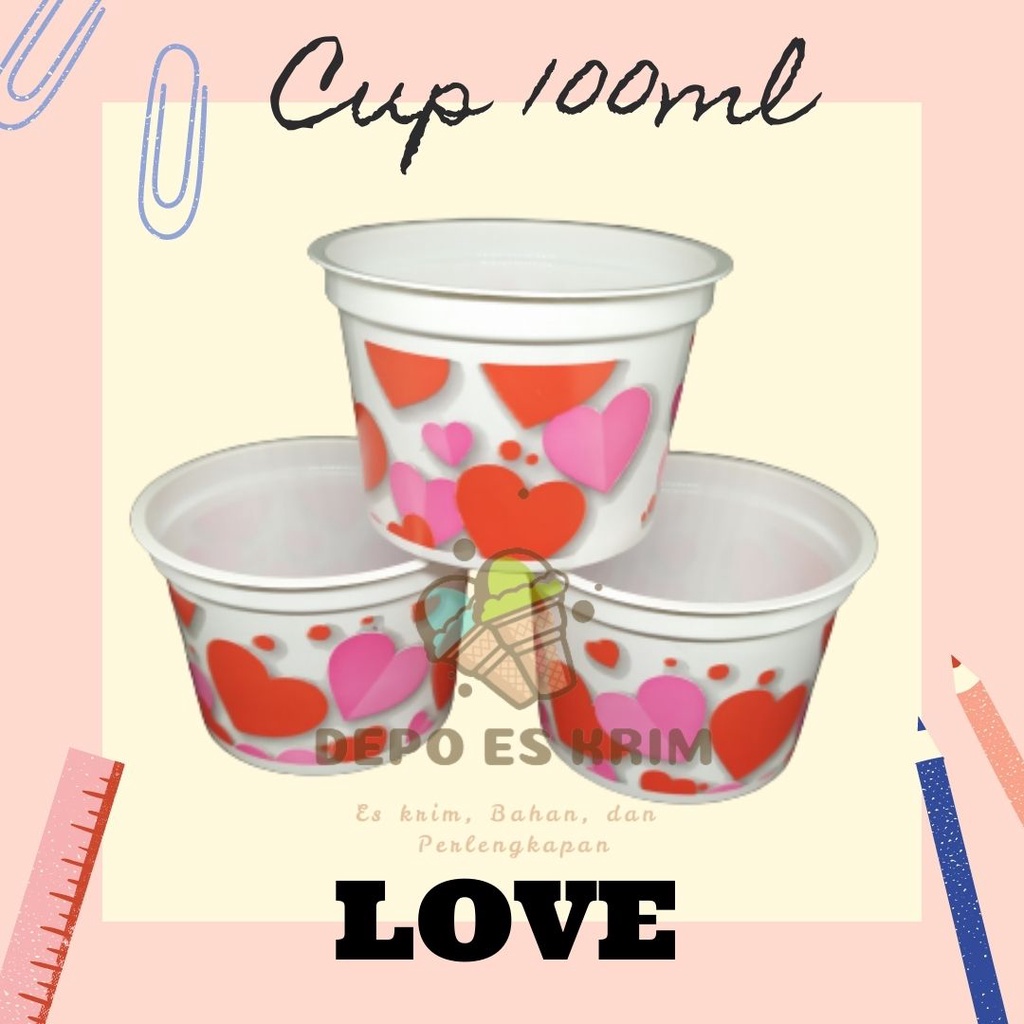 Paket Cup Es Krim Plastik 100 ml Motif Printing (lengkap Sendok Tutup Murah 100ml)