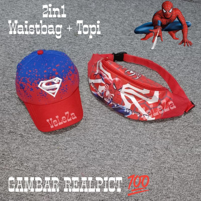 Waistbag anak laki-laki karakter spiderman 2in1 - waistbag + topi