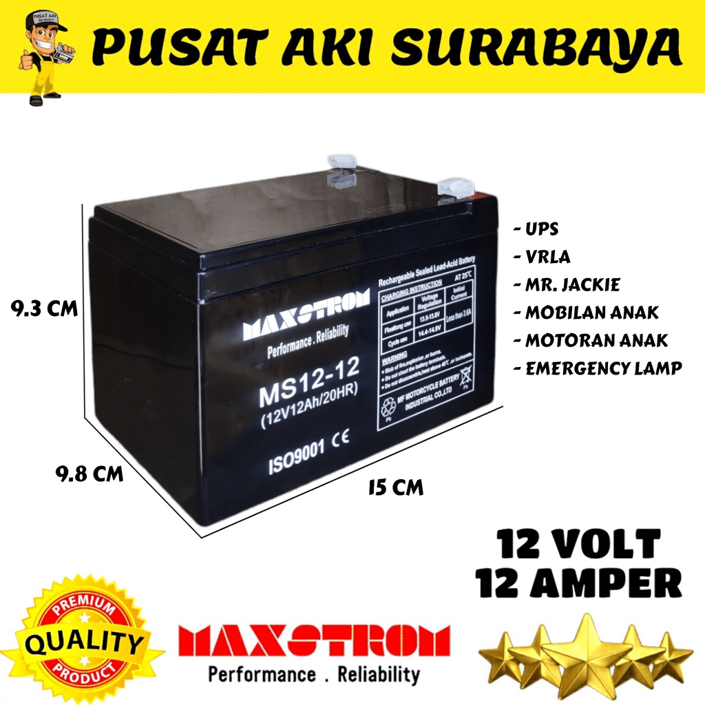 BATERAI VRLA MAXSTROM LITHIUM BATTERY 12 VOLT 12 AMPER AKI SEPEDA LISTRIK 12V 12AH MR JACKIE UPS EMERGENCY LAMP GENSET VEHICLE ELECTRIC