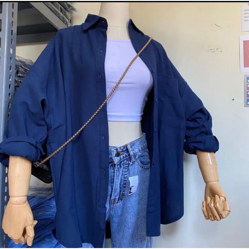 KEMEJA LENGAN PANJANG//LEA SHIRT KEMEJA OVERSIZED// Misty Long Shirt Kemeja Wanita-Navy