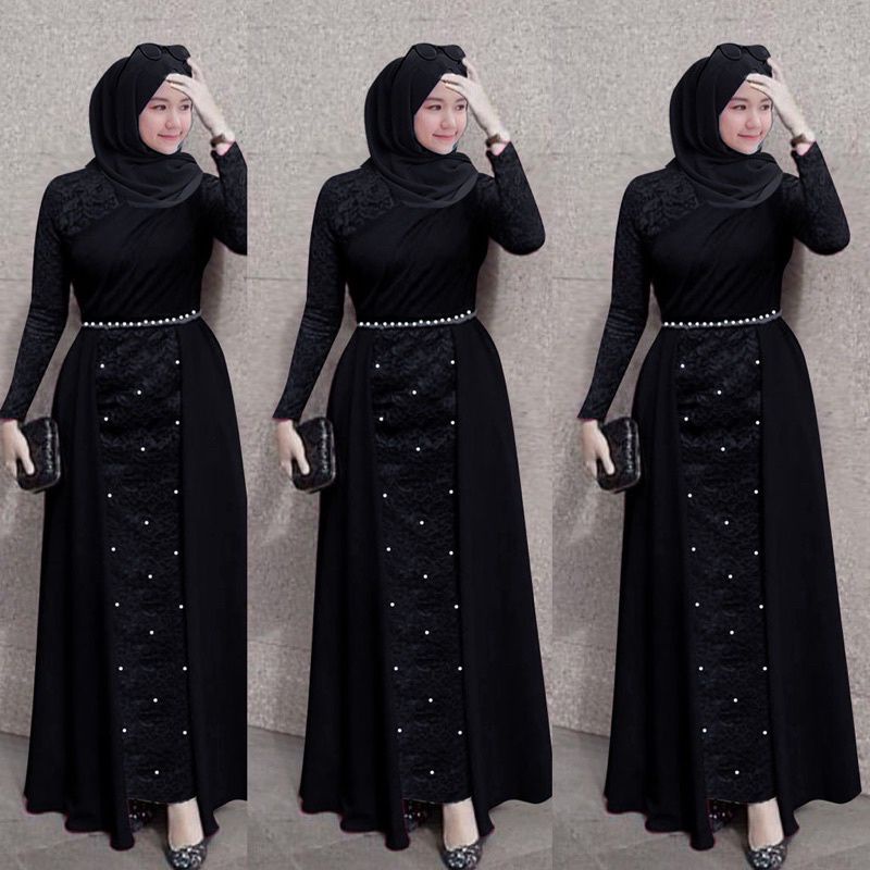 BAJU GAMIS MAXY MAXI JERSEY DRESS BRUKAT BROKAT LENGAN TANGAN PANJANG IMPORT PREMIUM UNTUK PESTA NIK