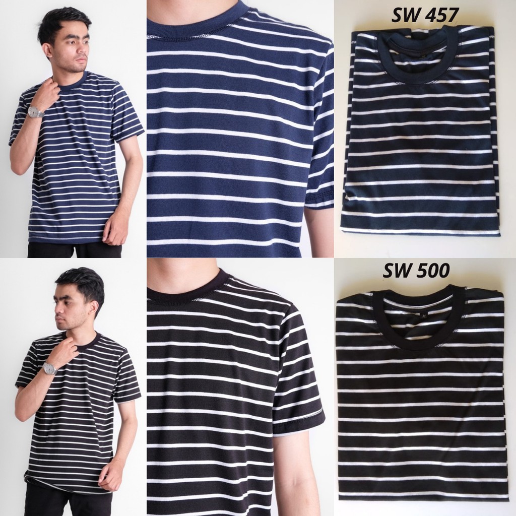 Kaos Salur Pria Dewasa Lengan Pendek Baju Blaster Distro Oblong Stripe Motif Garis-garis Tanpa Kerah