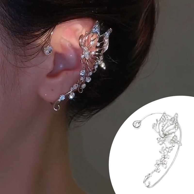 1pc Anting Kait Desain Kupu-Kupu Hollow Hias Zircon + Berlian Gaya Mewah Berkilau Untuk Wanita