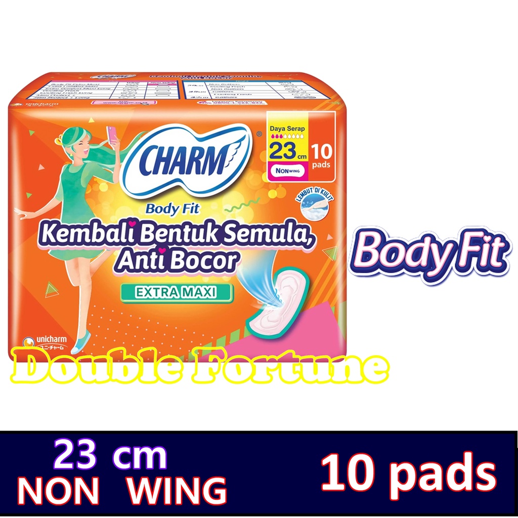 CHARM BODY FIT EXTRA MAXI NON WINGS 23 CM ISI 10 PADS PEMBALUT WANITA