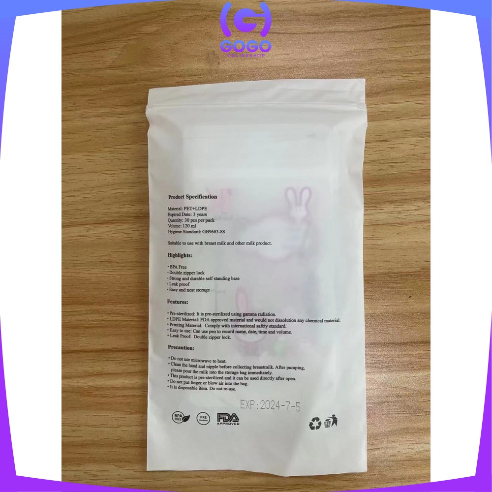 GOGO-C264 Kantong Asi 120ml Isi 30 dengan THERMAL SENSOR Plastik Asi Breastmilk Storage Bag BPA FREE