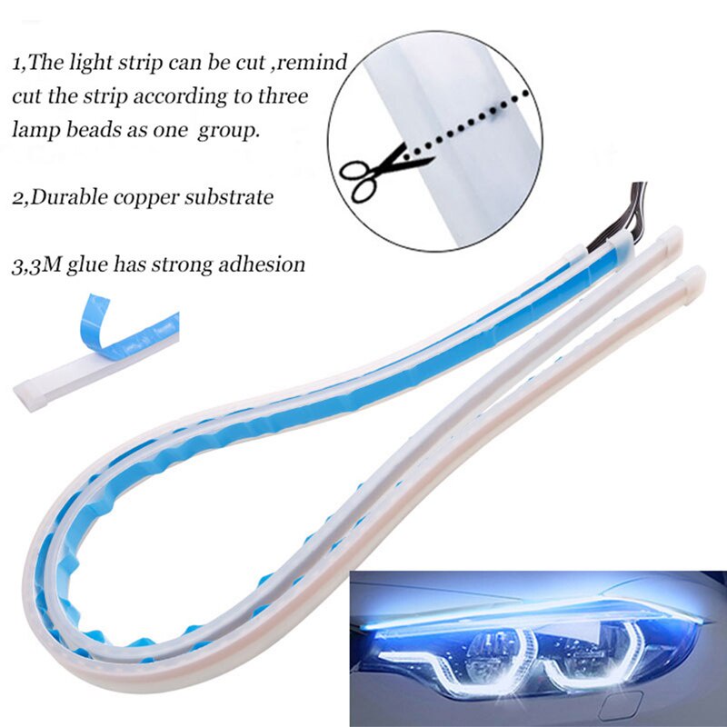 （Satu set =2 pcs dijual） Alis LED slim alis DRL fleksibel waterproof Transformasi warna-warni + kendali jarak jauh 12v 60cm 30cm 2 mode running motor mobil 2 MODE SEN RUNNING DAN SENJA Menjalankan Selamat Datang